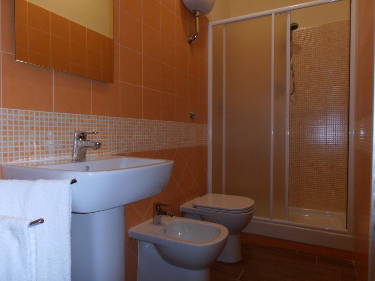 Bagno con doccia, lavabo e sanitari in tonalità calde, arredato in modo semplice e funzionale.