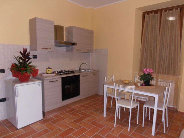 Una cucina moderna e funzionale, caratterizzata da dettagli in legno e piante ornamentali che ne arricchiscono l'atmosfera.