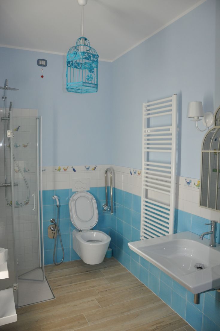 A bright bathroom with blue tones and bird decorations. Furnished with modern elements and a simple design.