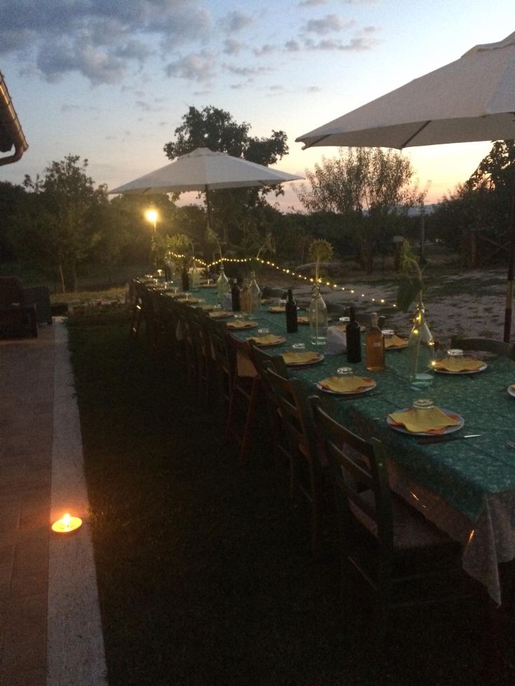 An outdoor dining table set for dinner, surrounded by greenery and illuminated by sunset colors.