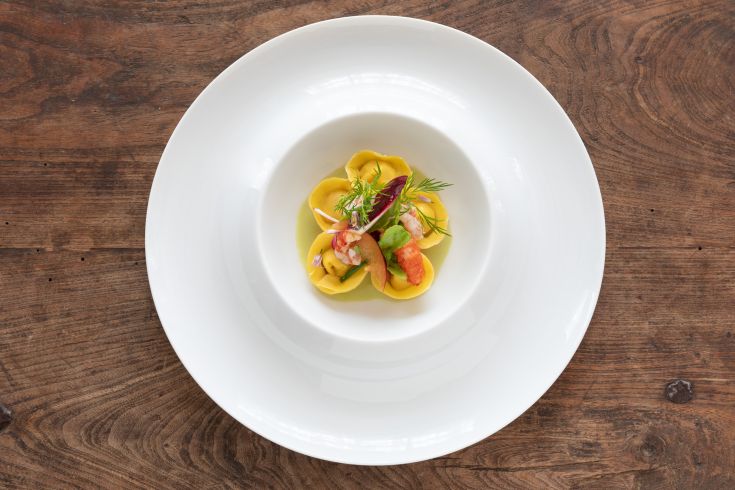 Stuffed ravioli served on a plain white plate, garnished with fresh and colorful ingredients.