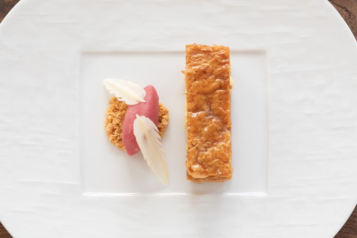 A rectangular dessert combined with sorbet, adorned with simple decorations.
