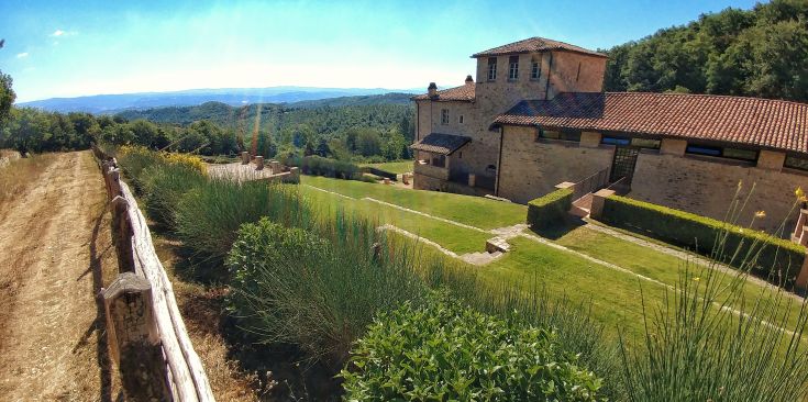 A corner of a medieval village surrounded by greenery, featuring stone buildings and a picturesque landscape.