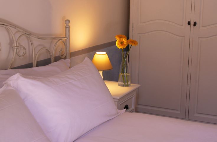 A simple room featuring a bed, lamp, and flowers. A space for relaxing in tranquility.