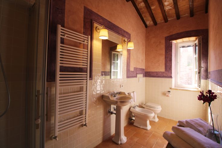 Quaint bathroom featuring rustic elements and modern fittings, creating a pleasant and functional space.