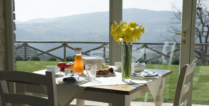 A relaxing breakfast served in a serene setting, overlooking gentle hills and adorned with fresh flowers.