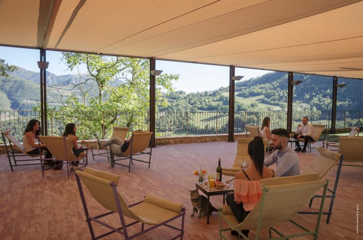 A comfortable setting with a view of green scenery, ideal for relaxing moments.