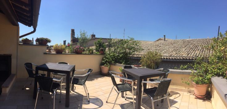 Terrazza esposta al sole, arredata con tavoli e sedie, circondata da piante e con panorama sui tetti circostanti.