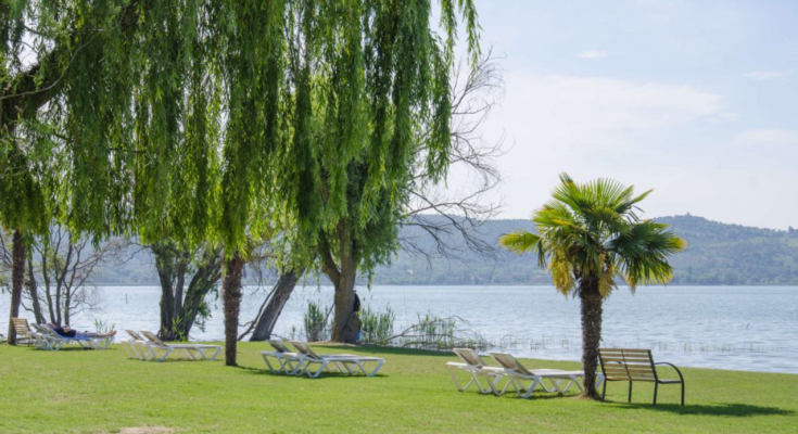 Panorama of Lake Trasimeno, a peaceful spot perfect for relaxation and outdoor activities.