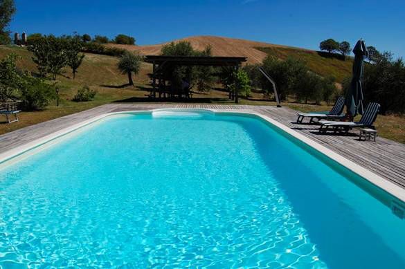 Pool surrounded by lush greenery and gentle hills, creating a serene oasis.