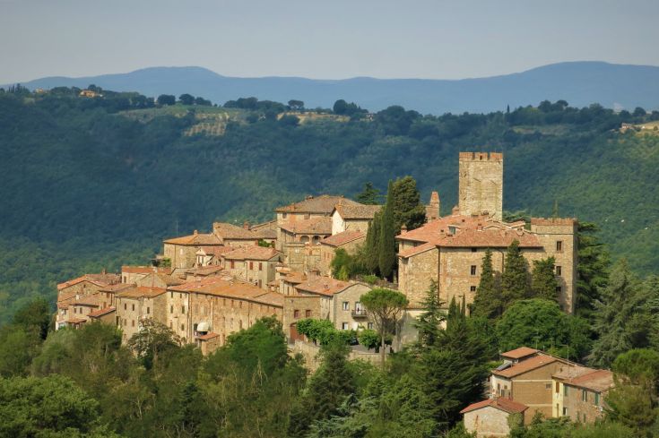 Un borgo umbro caratterizzato da case in pietra e vegetazione rigogliosa, con un palazzo visibile sullo sfondo.