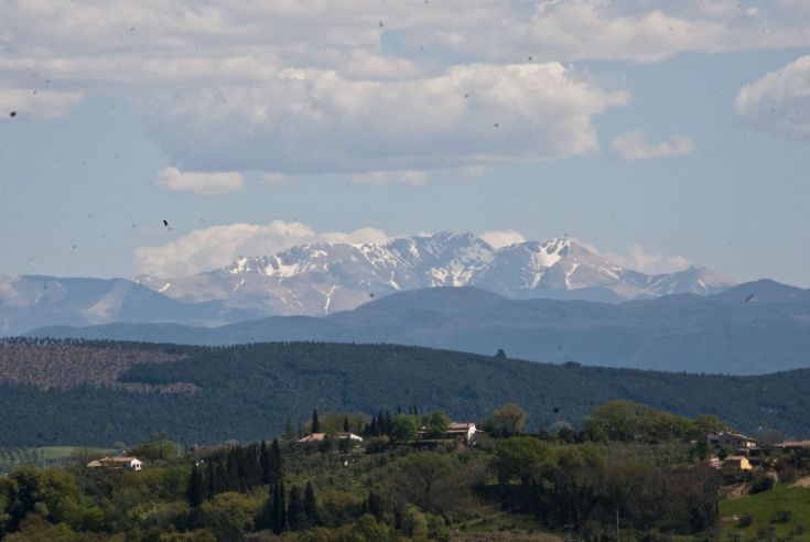 Panorama della campagna umbra, caratterizzato da dolci colline e un cielo sereno.