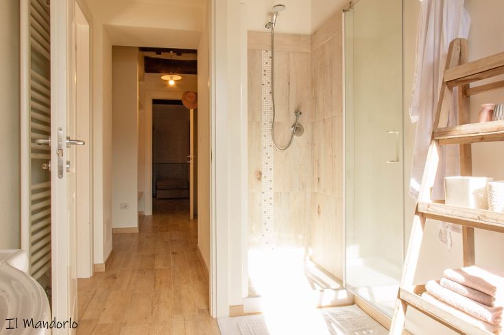 Modern bathroom with ample light, equipped with a shower and wooden details. Simple and cozy atmosphere.