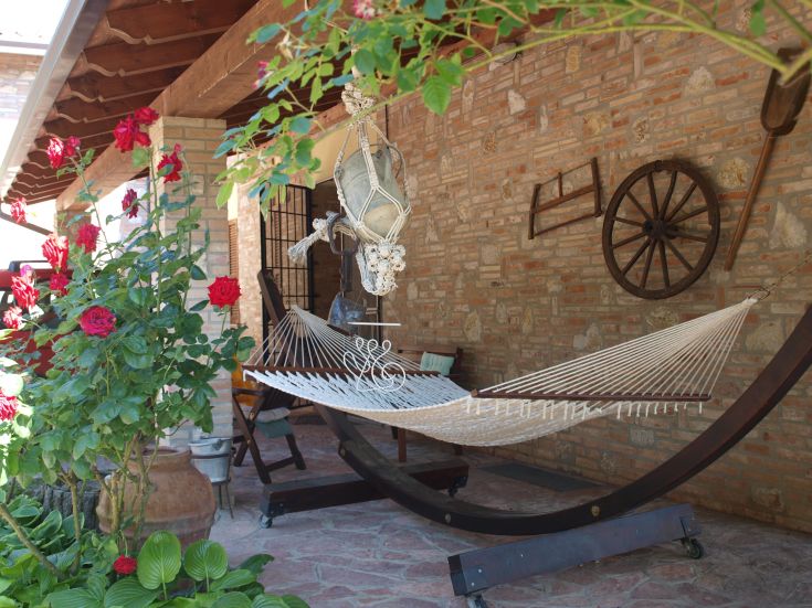 Un coin paisible avec un hamac, des plantes vertes et des fleurs rouges, parfait pour un moment de détente.