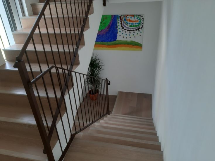 Dettaglio di una scala con un dipinto a colori sulla parete e piante in vaso.