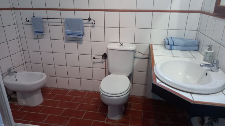 Bright and welcoming bathroom, featuring modern fixtures, light tiles, and terracotta flooring.