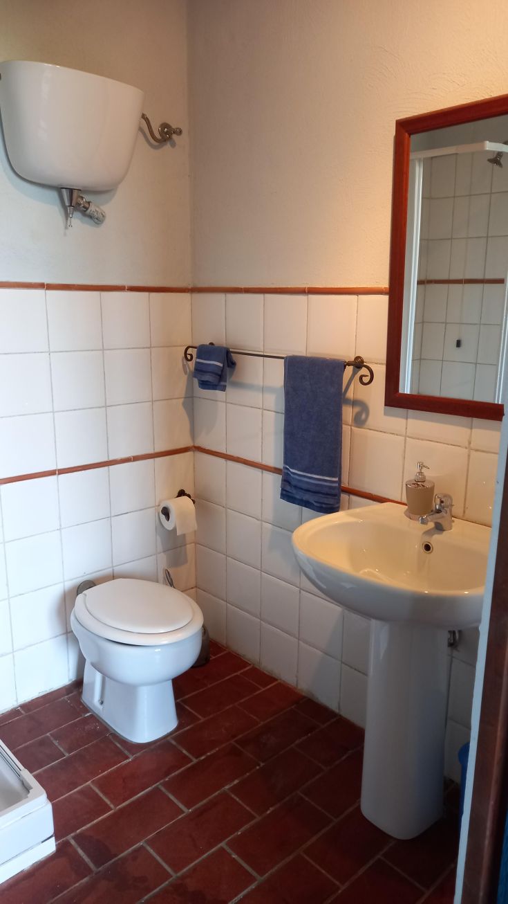 A simple bathroom with white tiled walls and terracotta flooring. It features a sink and toilet.