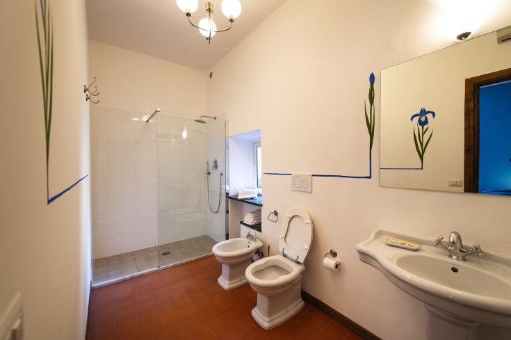 Un bagno spazioso e ben organizzato, dotato di una doccia, un lavabo e alcune decorazioni floreali.