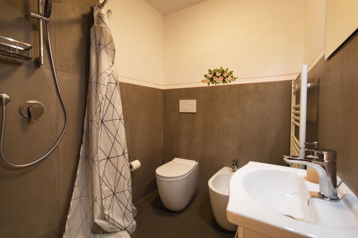 Bagno sobrio e contemporaneo con doccia, bidet e dettagli decorativi floreali.