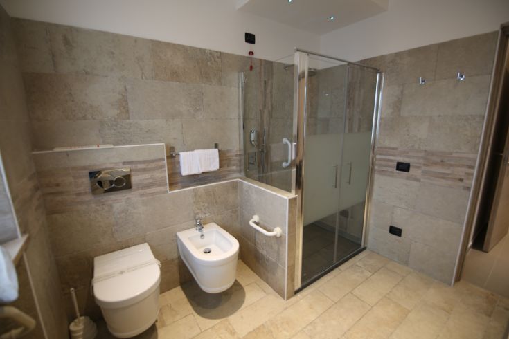 Simple and well-furnished bathroom, featuring a shower and designer fixtures, with attention to detail.