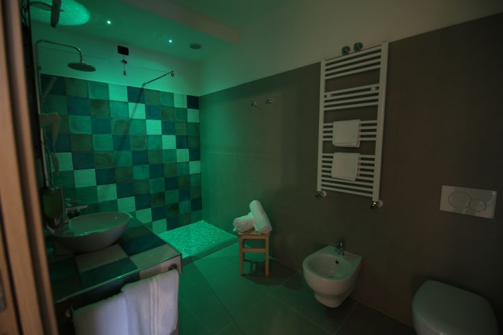 Modern bathroom with vibrant tiles and soft lighting. Simple and functional furnishings.