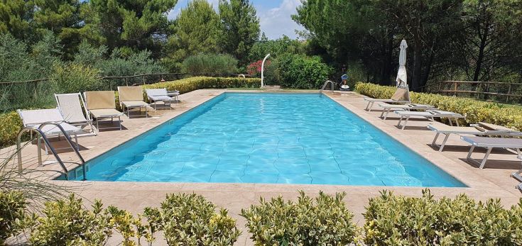 Entspannungsbereich mit einem Salzwasserpool, umgeben von Grün, ausgestattet mit Liegen und Sonnenschirmen.