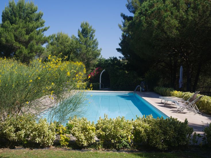 Schwimmbad in einem Ferienbauernhof, umgeben von Grün, perfekt für entspannende Momente im Freien.