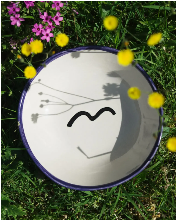 Dekorative Schüssel mit Blumendesign, auf einer üppigen Wiese voller bunter Blumen platziert.