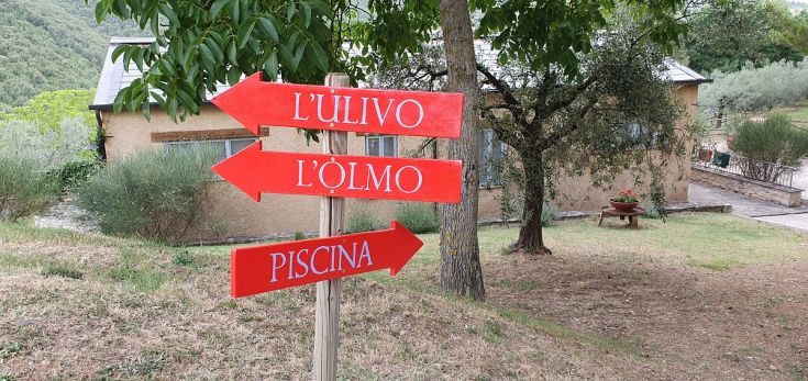 Richtungsschilder, die den Olivenbaum, die Ulme und den Pool in einem Agriturismo in Umbrien anzeigen.