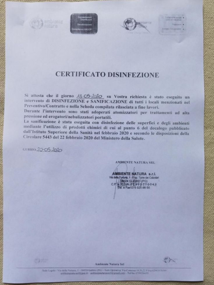 Certificato di disinfezione emesso per la sanificazione dei locali a Gubbio.