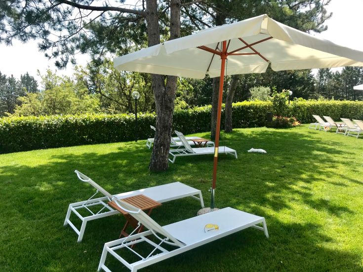 Area di ristoro con lettini e ombrelloni circondata da un ricco verde in un parco tranquillo.