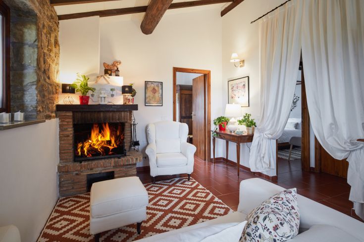 Soggiorno intimo con camino, arredato in maniera semplice, in un contesto naturale e rilassante.