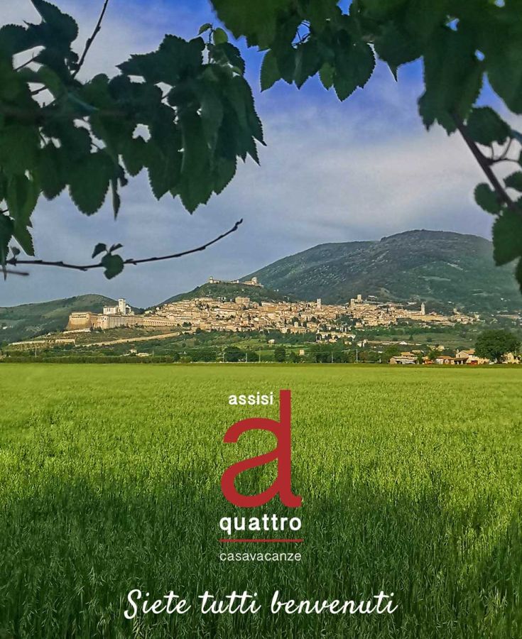 Scene of Assisi city, surrounded by greenery, featuring well-preserved historic buildings.