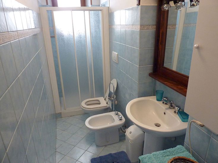 Un bagno con piastrelle in tonalità azzurre, dotato di lavabo, wc e doccia. Ambiente pratico e funzionale.