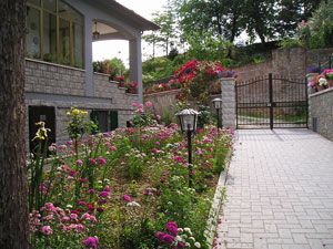 Un ingresso accogliente decorato con fiori variopinti e un vialetto in pietra.