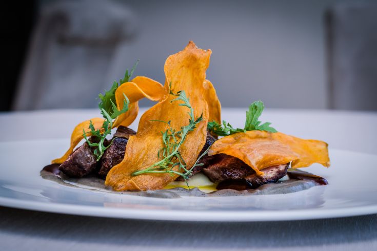 Un piatto gustoso di carne con chips croccanti, accompagnato da contorni freschi e colorati.