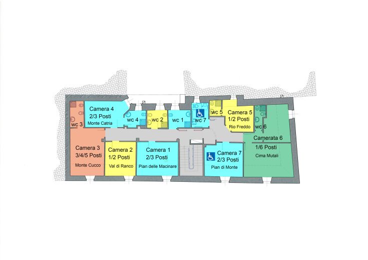 Map of rooms and services of the Hostel in the Park, located in the heart of Umbria.