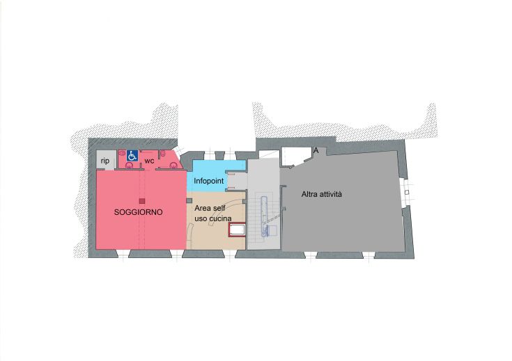 Map of the hostel showing areas like lounge, information point, and kitchen.