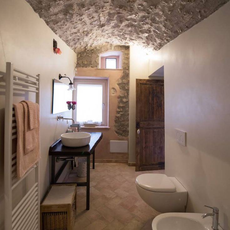 A rustic bathroom featuring a vaulted stone ceiling, with simple and cozy furnishings.