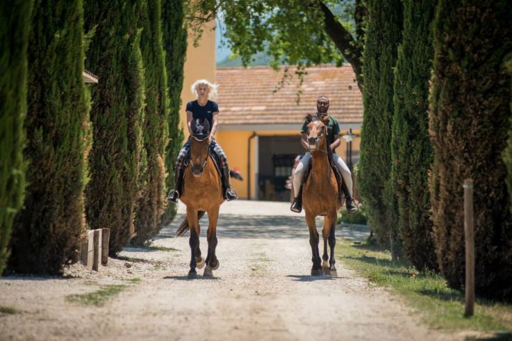 Horseback riding in a peaceful setting, surrounded by trees and vegetation.