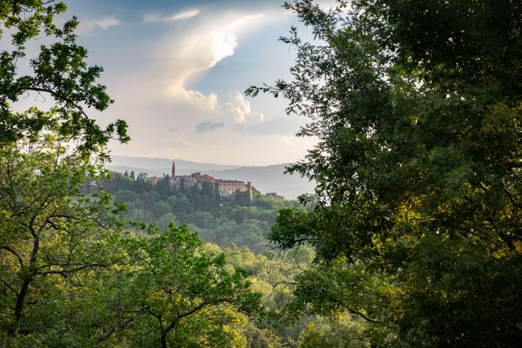 Une scène d'un vieux village entouré de la végétation typique de l'Ombrie, avec des arbres verts et quelques nuages dans le ciel.