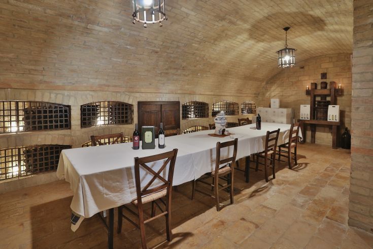 Une cave à vin accueillante avec une table dressée et des bouteilles de vin exposées, parfaite pour des dégustations.