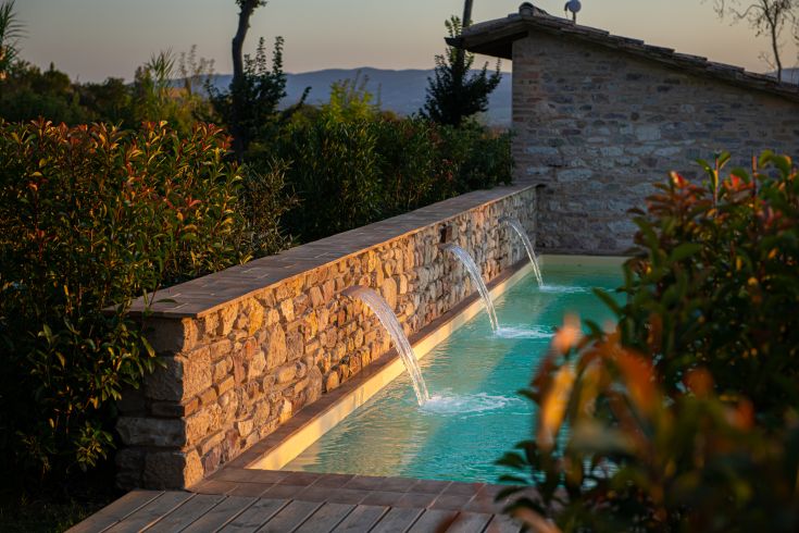 Un giardino con fontane e piscina, immerso nella natura, ideale per momenti di relax.
