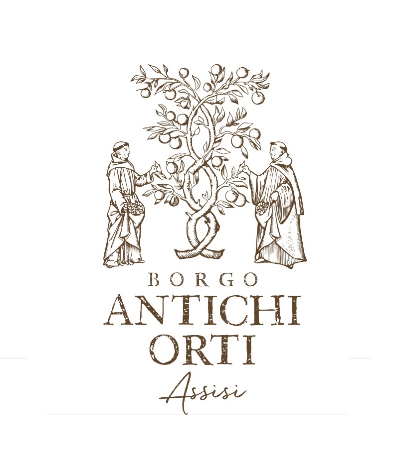Logo sobrio per il Borgo Antichi Orti, con monaci e un albero che rappresentano tradizione e natura.