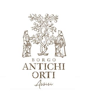 Logo sobrio per il Borgo Antichi Orti, con monaci e un albero che rappresentano tradizione e natura.