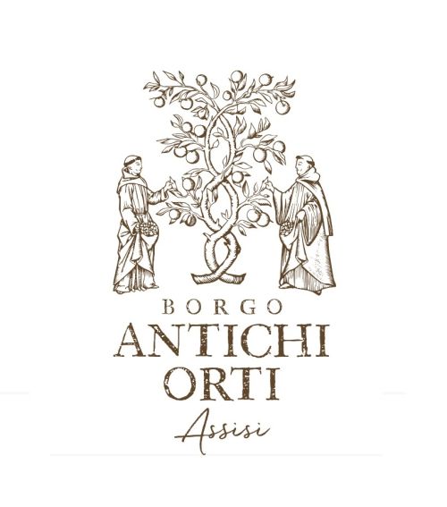 Elegant logo for Borgo Antichi Orti, featuring monks and a tree symbolizing tradition and nature.