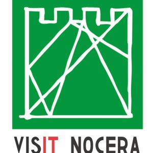 Logo for promoting tourism in Nocera, featuring simple shapes on a green background.