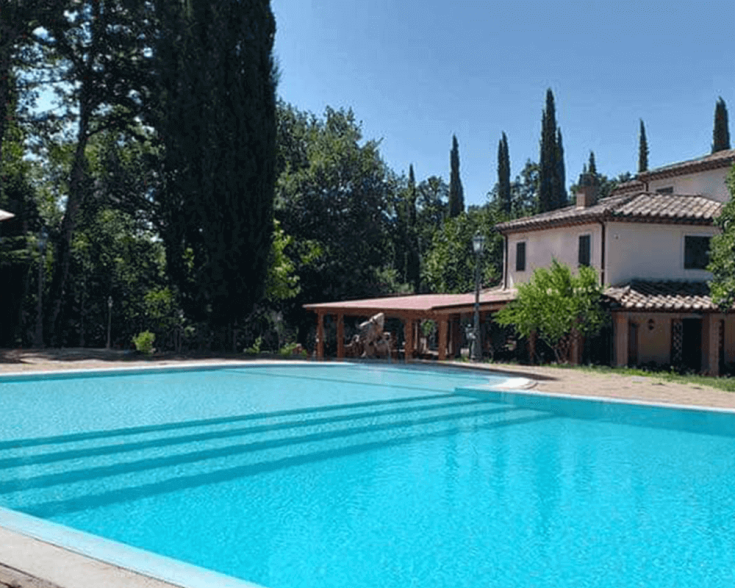 Ein Swimmingpool, eingebettet in einen gepflegten grünen Garten, mit einem rustikalen Gebäude in der Nähe.