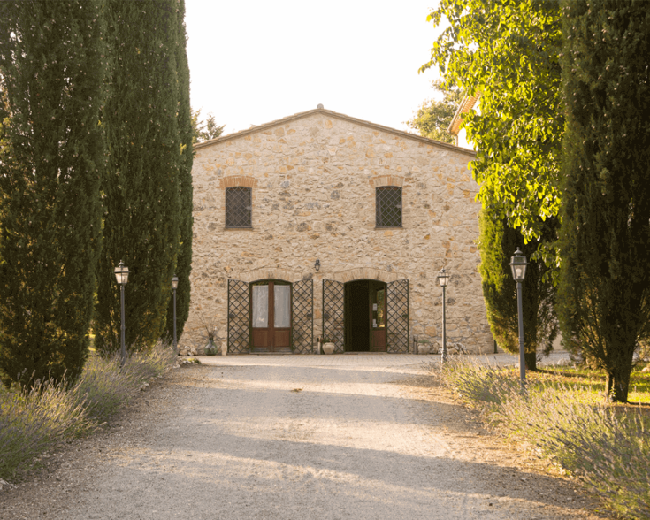 Ein Bauernhof in Umbrien, umgeben von Bäumen und einem einfachen Weg, eingebettet in die Natur.