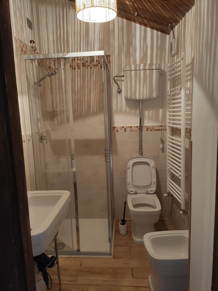 Bagno semplice e confortevole, dotato di doccia e servizi igienici, collocato in un ambiente luminoso e rustico.